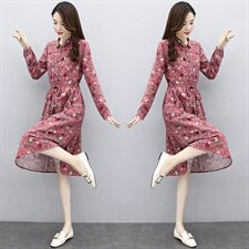 时尚优雅碎花长袖连衣裙修身显瘦气质女装XBL096，女装连衣裙，欣贝拉