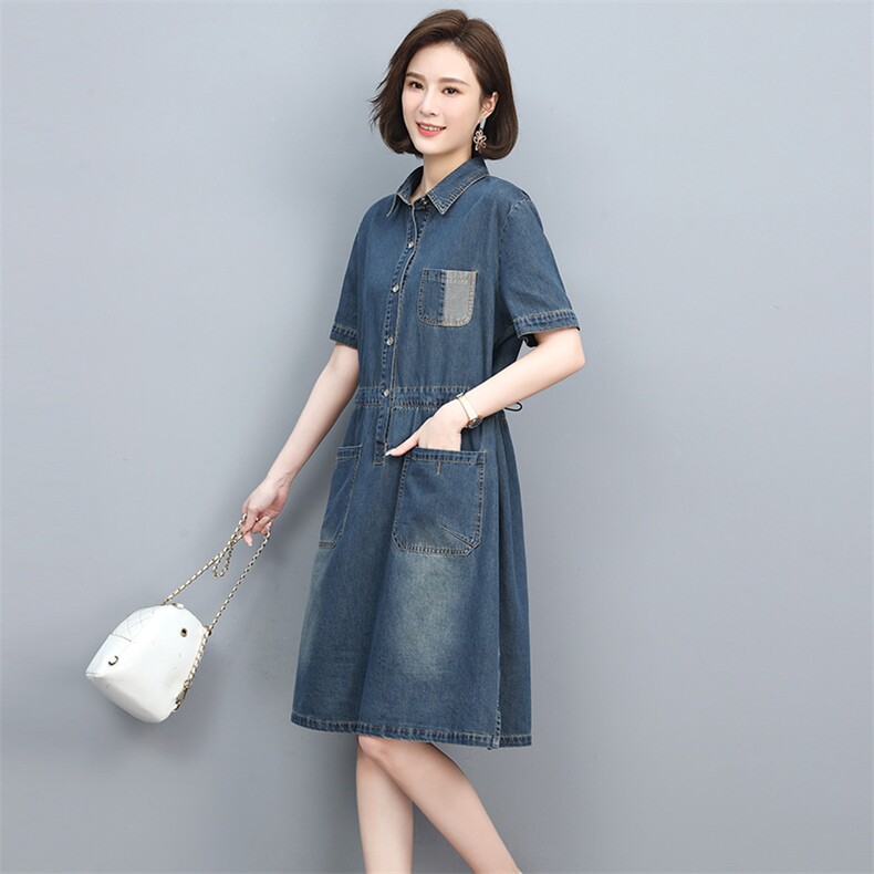 2022夏季新款时尚气质翻领收腰显瘦休闲舒适牛仔连衣裙,女装牛仔裙,忆绮罗