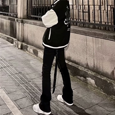 美式高街vibe风长飘带黑色微喇叭潮牌牛仔裤男百搭显瘦拖地长裤子，男装牛仔裤，星座601-1