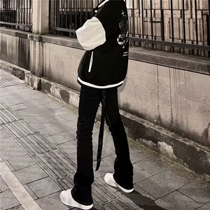 美式高街vibe风长飘带黑色微喇叭潮牌牛仔裤男百搭显瘦拖地长裤子