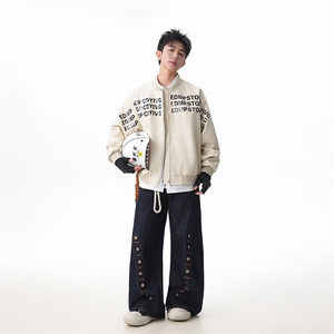 字母印花美式棒球服男高级感痞帅飞行员夹克PU皮衣服国潮高街外套图片
