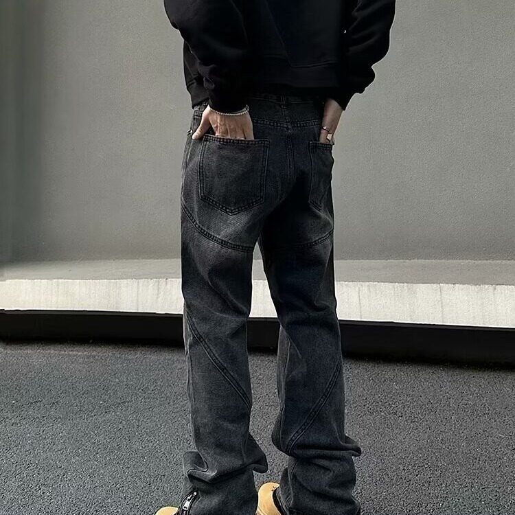 水洗做旧拼接设计黑色牛仔裤男,男装牛仔裤,星座218-1（原230）