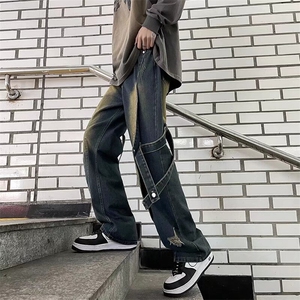 网红美式高街Vibe复古重工做旧牛仔裤男拼接设计直筒阔腿长裤P57图片
