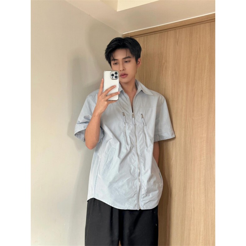 浅蓝色拉链垫肩短袖衬衫男款夏季衬衣cleanfit外套3375-特P38,男装衬衫,星座1007（原301D）