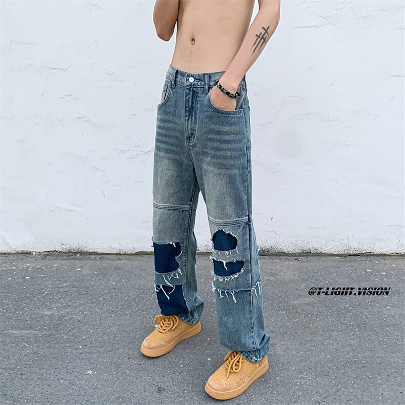 B221美式ins高街暗黑小众撞色破洞直筒牛仔裤LK23109-P65控88,男装牛仔裤,电商B221