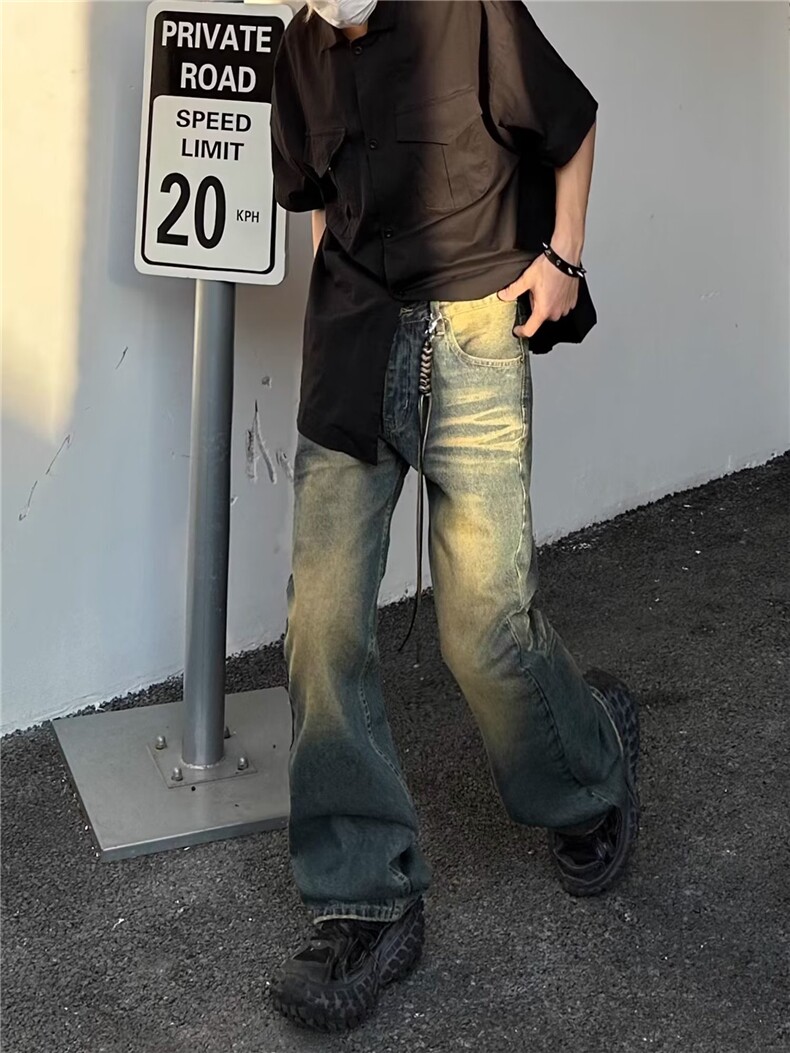 带绳子美式高街牛仔裤男韩版潮染黄泥2024冬季K5520-P50,男装牛仔裤,星座1109-3