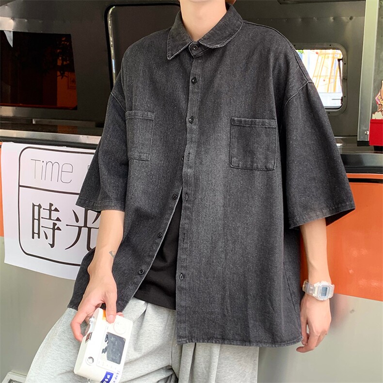 港风复古简约纯色牛仔短袖衬衫男潮牌夏季百搭学生衬衣CS408-p43,男装衬衫,星座1008
