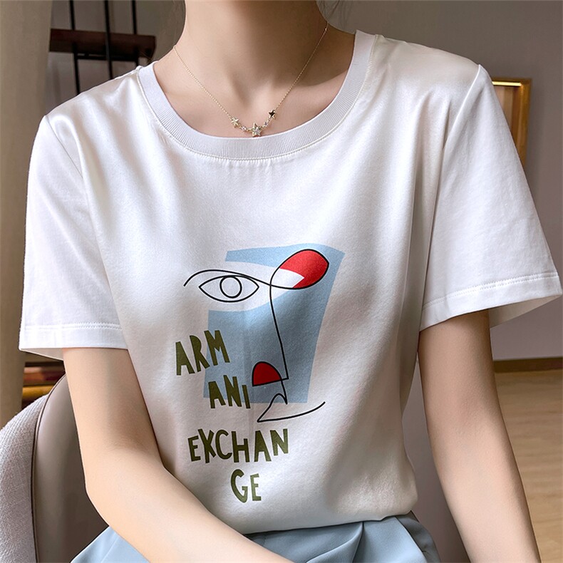 重磅真丝t恤女短袖印花桑蚕丝白色圆领小衫2024夏装半袖短款上衣图片