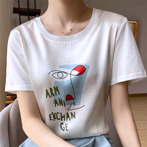 重磅真丝t恤女短袖印花桑蚕丝白色圆领小衫2024夏装半袖短款上衣图片