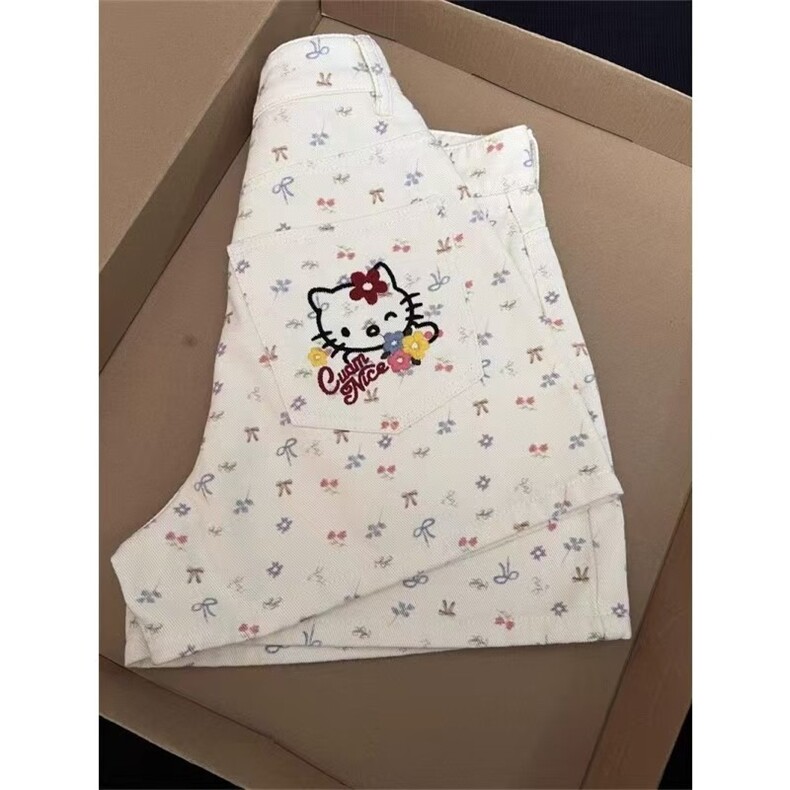 蝴蝶结可爱kitty猫咪牛仔短裤女2025夏新款高腰显瘦直筒阔腿热裤,男装牛仔裤,星座1210-1