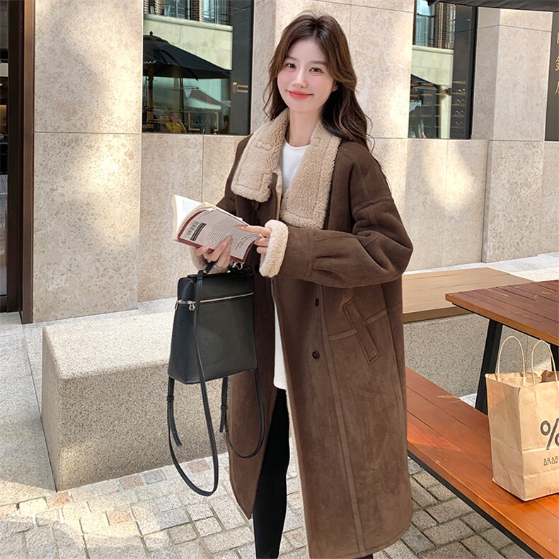 高级感中长款皮毛一体外套女2024冬季新款加绒加厚保暖羊羔毛大衣,女装皮草,2C316