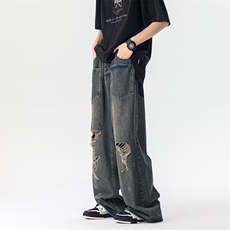 复古做旧破洞高腰显瘦高街hiphop阔腿牛仔长裤男N3148，男装休闲裤，星座1116A-1（原606A）