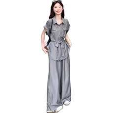 又酷又飒灰色衬衫套装女2025夏季新款时尚高级感宽松阔腿裤两件套，女装套装/套裙，欣美人