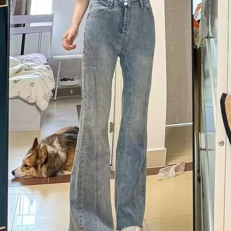 双扣拼接小众设计感修身牛仔裤女怀旧复古马蹄高腰微喇叭长裤子潮图片