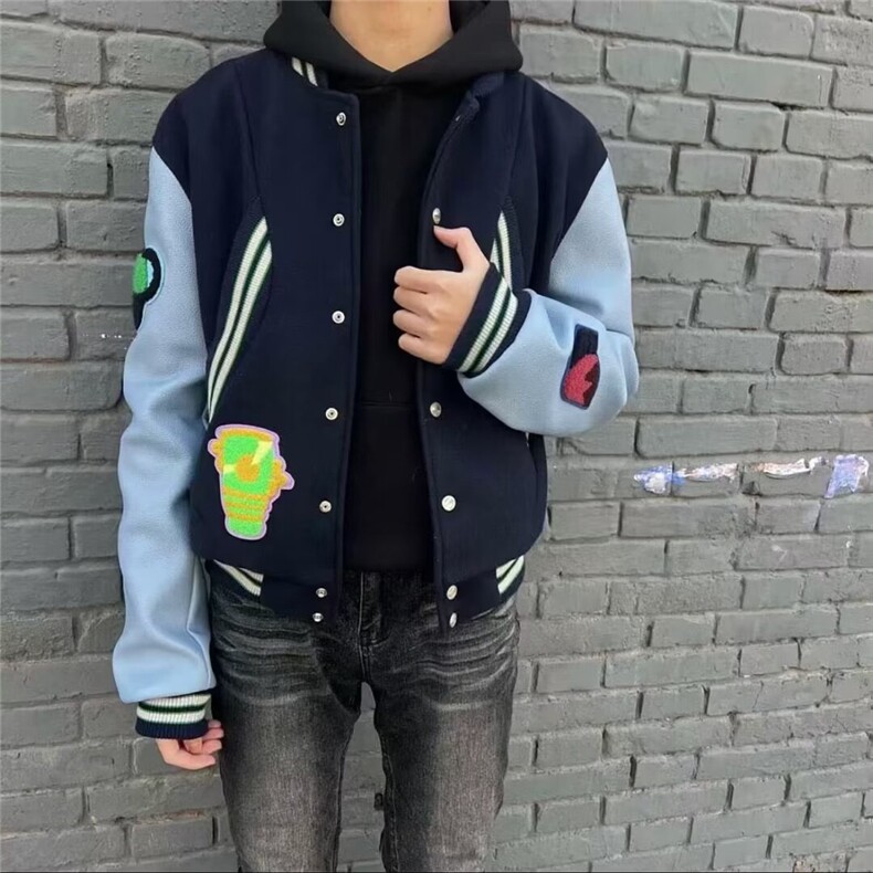 1506-1/JM2121/P66美式复古拼接徽章刺绣毛呢棒球服夹克男女潮牌图片