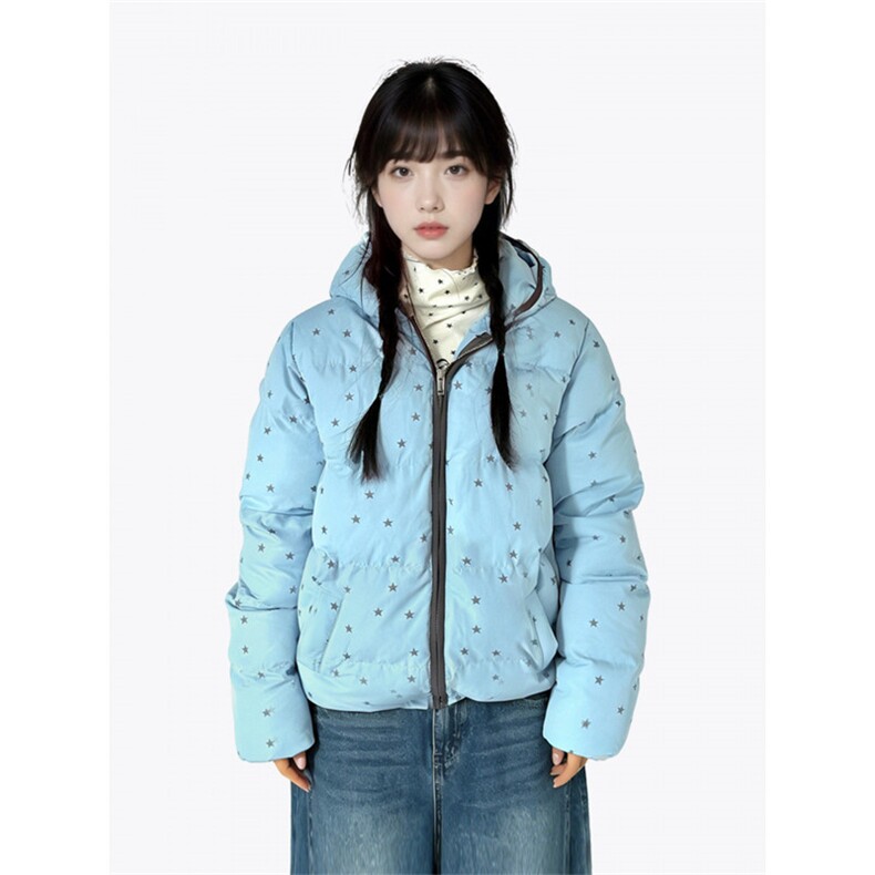 1506A/G79170/P92可爱蓝色星星印花小熊耳朵连帽棉服外套女冬季保,男装棉衣,星座1506A