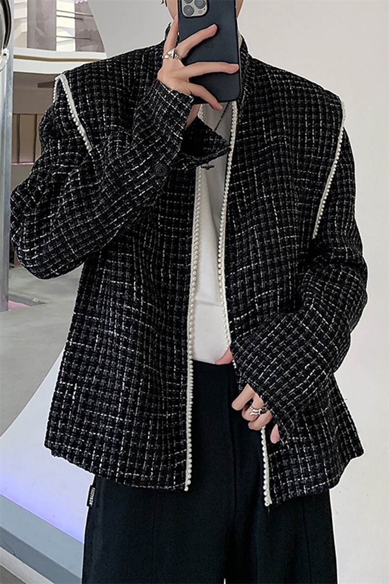 法式立领小香风珍珠设计感千鸟格宽松西服X13/P70降,男装西服,电商A243