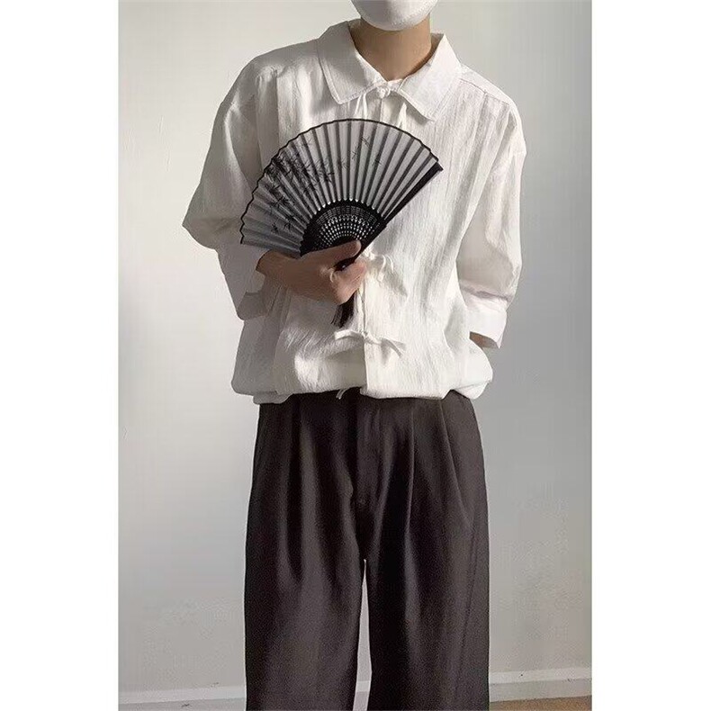新中式男装风盘扣七分袖棉麻衬衫外套夏季唐装褶皱半袖衬衣潮,男装衬衫,星座506A