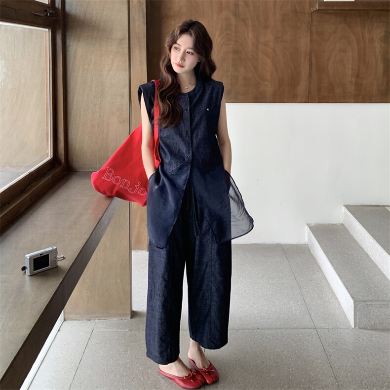 蓝色马甲阔腿裤两件套女2025年夏季新款时尚直筒高腰减龄显瘦套装,女装套装/套裙,2C170
