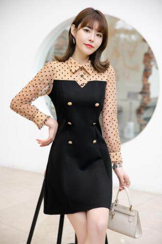 2021春款波点拼接欧根纱假两件收腰连衣裙,女装连衣裙,衣佳佰分