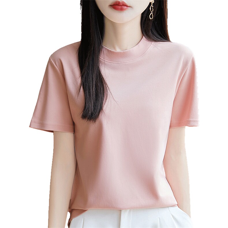 夏季新款简约半高领短袖女宽松百搭显瘦时尚休闲上衣,女装T恤,羊秋羊绒