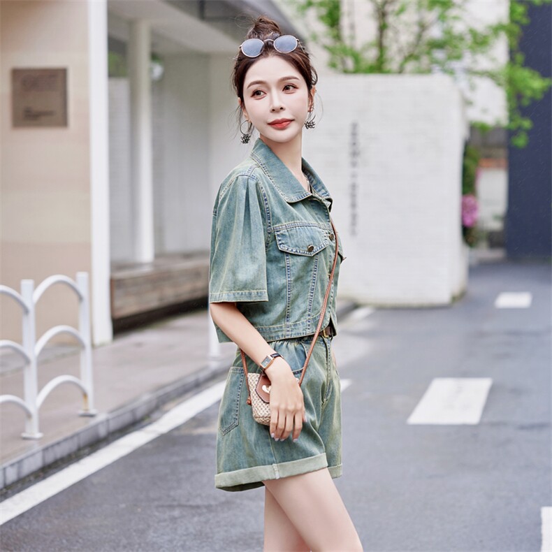 2024年夏装新款薄款洋气显瘦小个子短裤套装牛仔时尚气质两件套,女装套装/套裙,瑶迪依秀