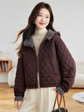 2025年冬季格子撞色连帽菱形格夹棉棉服短外套棉衣，女装棉衣/棉服，简韵佳