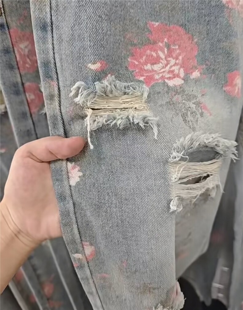 美式高街花卉牛仔裤破洞乞丐微喇休闲弯刀裤直筒裤GJ156P40特,男装牛仔裤,电商D256