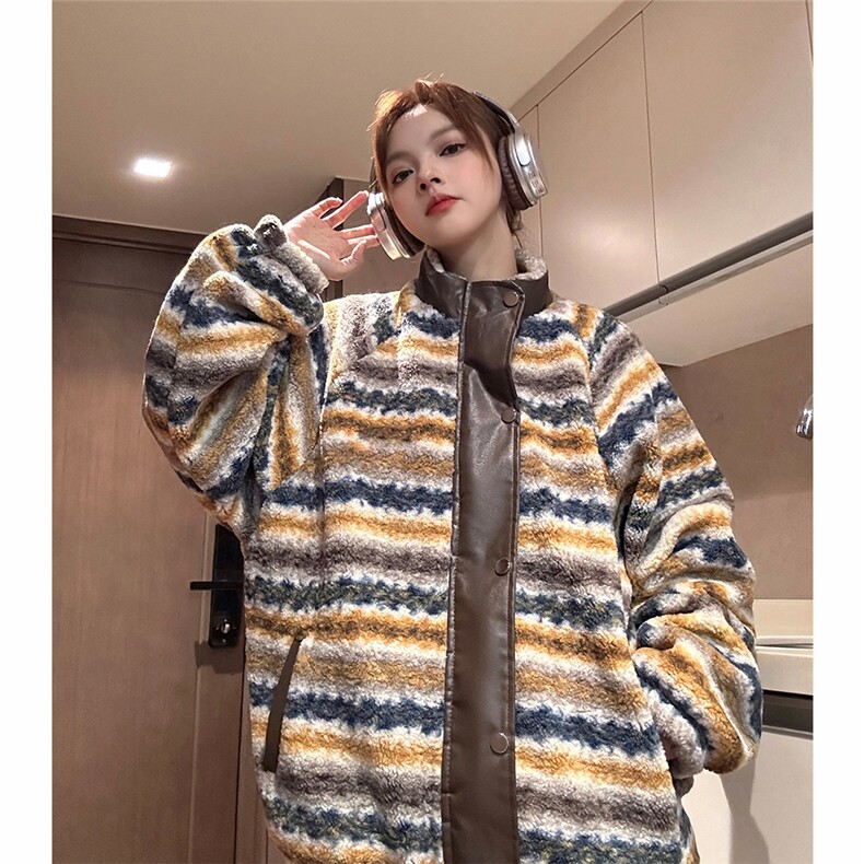 eq349设计感PU皮拼接撞色羊羔毛外套男女情侣装冬季加厚棉衣,男装棉衣,电商C306-1