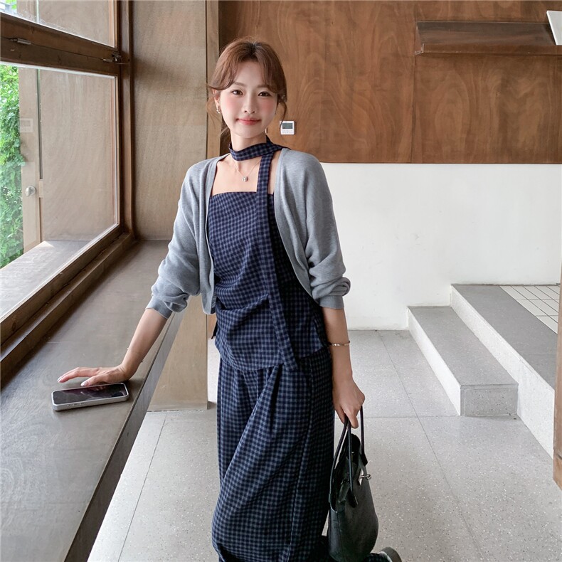 洋气时髦设计感复古格纹套装女2026春夏新款开衫吊带阔腿裤三件套,女装套装/套裙,艾米莉亚