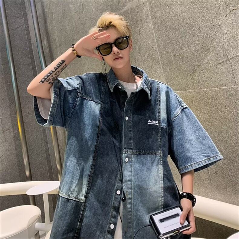 vibe高街拼色牛仔衬衫短袖男夏季美式潮牌高街半袖衬衣N4721-p55,男装T恤,星座1008-1