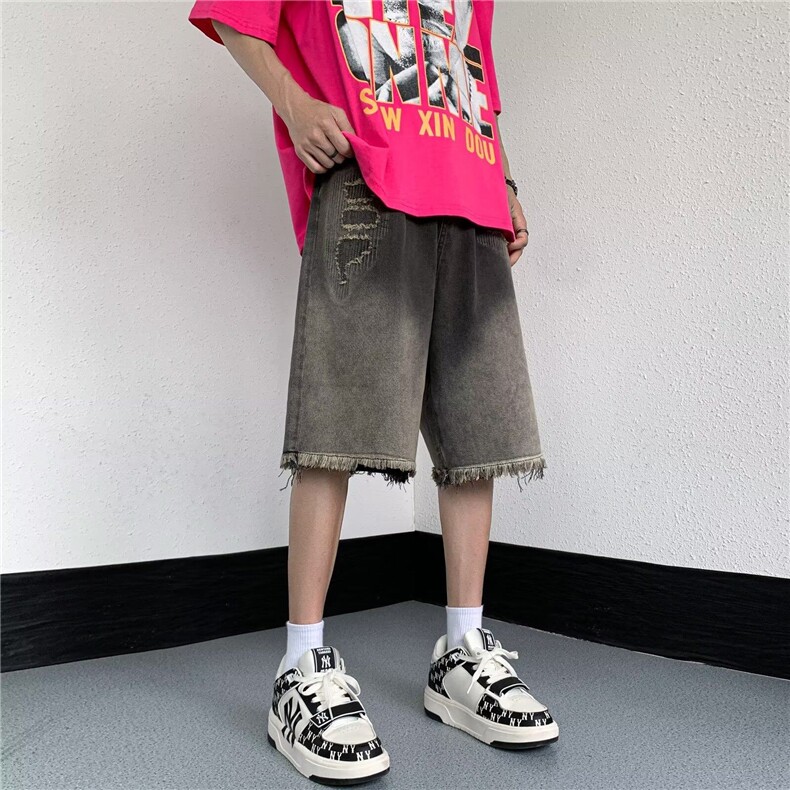 水洗做旧五分裤潮潮流宽松直筒夏季男青春流行中腰牛仔裤,男装牛仔裤,星座410-7