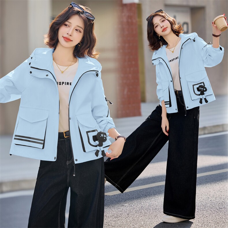 时尚小怪兽装饰外套女短款2025早春新款韩版连帽休闲工装春秋风衣,女装短外套,靓星雨