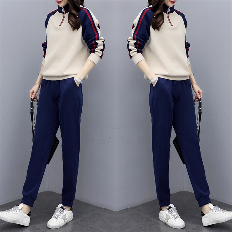 休闲运动套装女2025春秋新款韩版时尚拼接立领宽松跑步卫衣两件套,女装套装/套裙,凯瑟曼