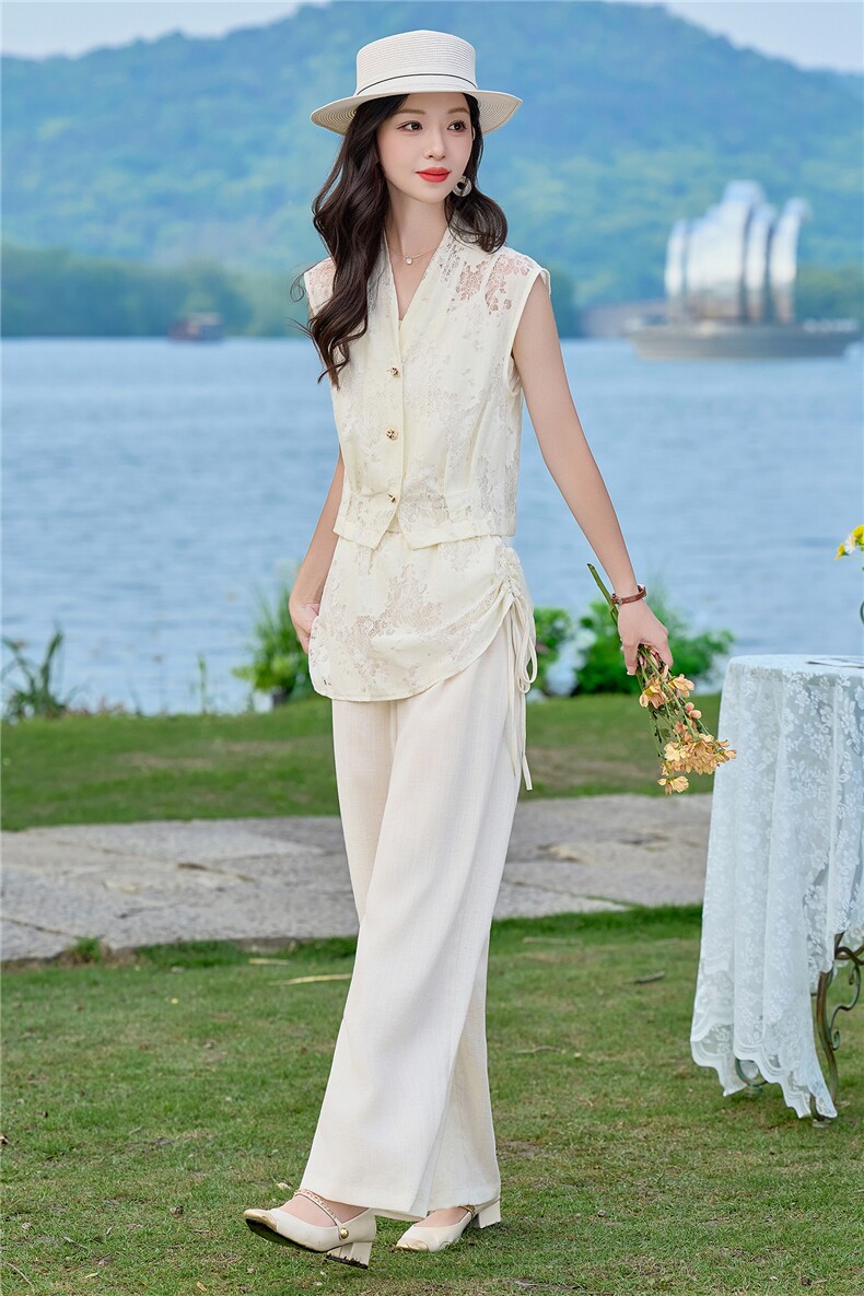 （新款现货）2026夏装时尚蕾丝无袖上衣屁帘棉麻阔腿裤套装两件套,女装套装/套裙,印象茜