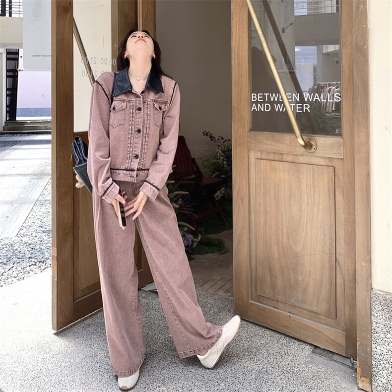 甜酷风撞色牛仔两件套女2025秋季新款洋气炸街美式休闲高腰阔腿裤,女装套装/套裙,2C317