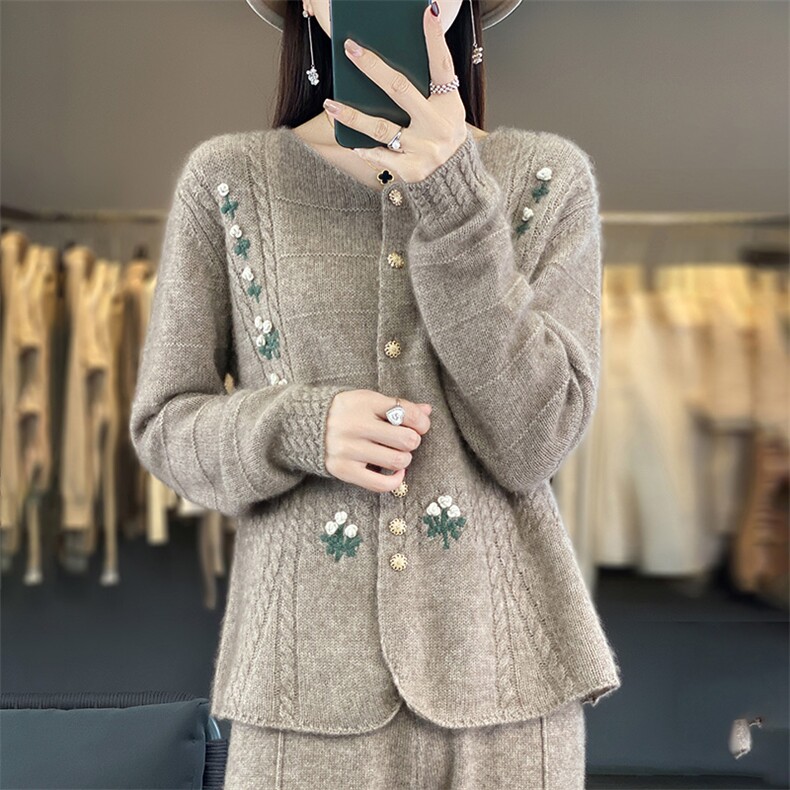 23秋冬新款100羊绒开衫女圆领拼色重工钩花针织宽松羊毛毛衣外套,女装羊毛衫,江南羊绒