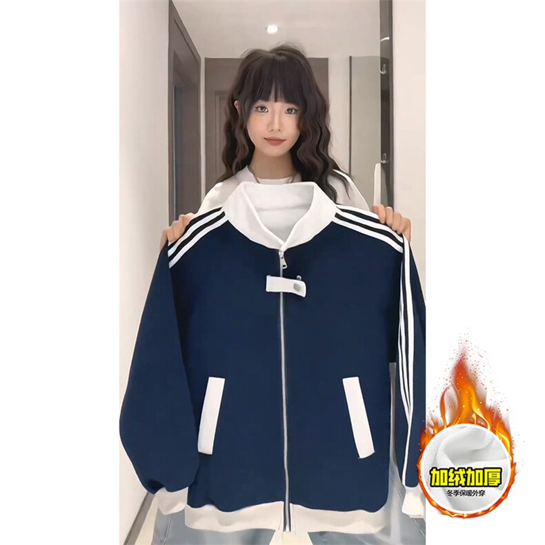 480G重磅加绒硬挺boxy男女秋冬美式高街拼接织带翻领卫衣夹克外套,男装夹克,电商A486