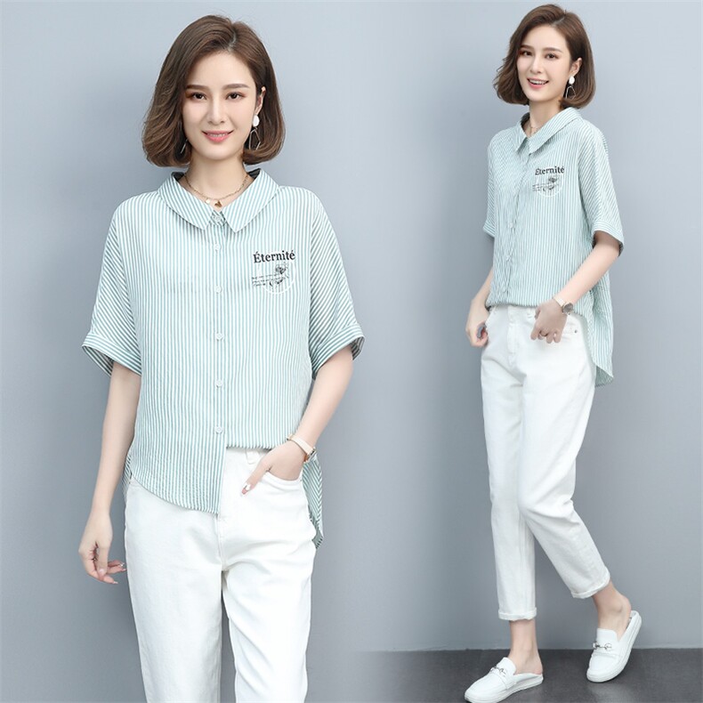 2023夏季新款简约气质翻领时尚休闲条纹衬衫,女装衬衫,玛其路