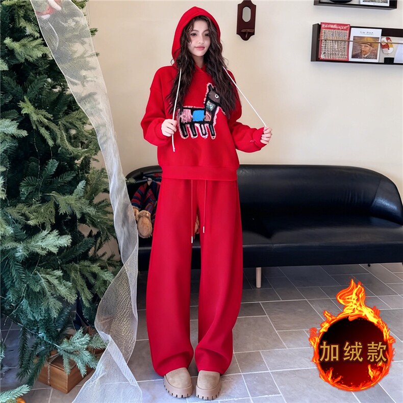 巨好看休闲时尚套装女秋冬季新款卡通印花连帽卫衣直筒长裤两件套,女装套装/套裙,江南
