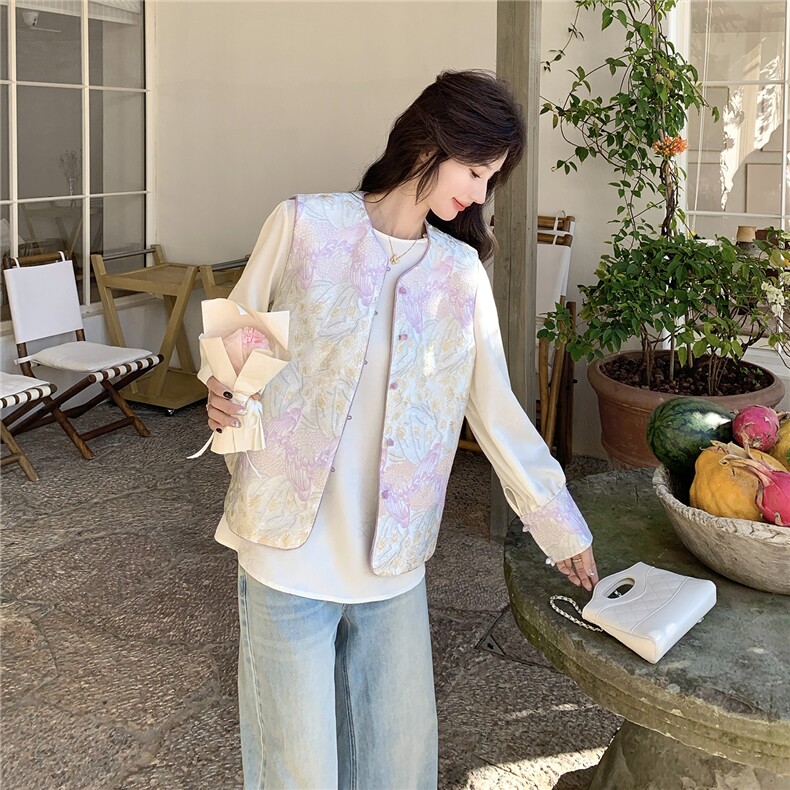 紫色高级感撞色刺绣风马甲小衫套装两件套女早春秋两面穿马夹,女装短外套,艾米莉亚