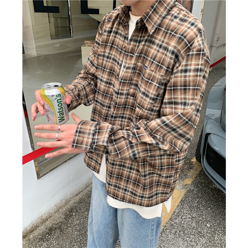 潮牌磨毛格子衬衫男女春秋复古美式宽松高街潮牌情侣长袖衬衫,男装衬衫,星座601-2