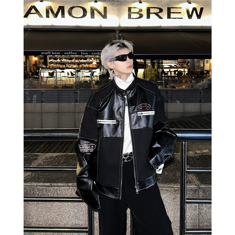 美式pu皮机车服夹克男冬新款设计感小众宽松休闲外套潮W6264-P70，男装夹克，星座412-3