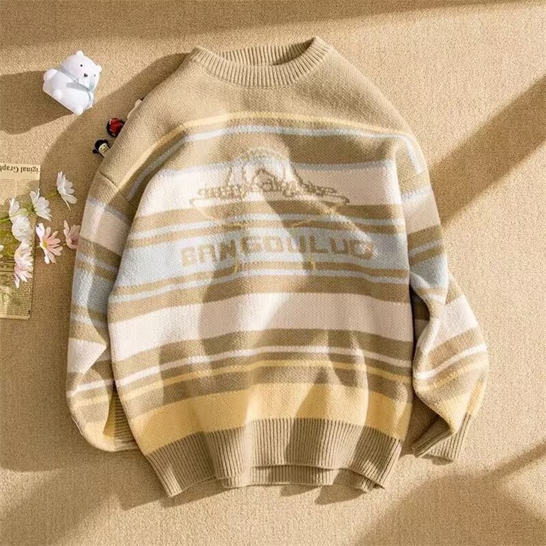 不一样港风复古情侣装条纹宽松卫衣秋冬季慵懒美式针织衫毛衣，男装针织衫/毛衣，星座506A