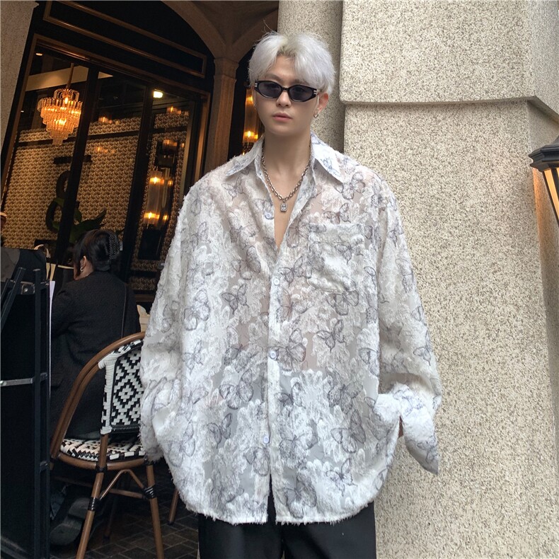 潮小众设计蝴蝶流苏毛边情侣长袖衬衫宽松休闲高级感衬衣特p48,男装衬衫,电商C307A
