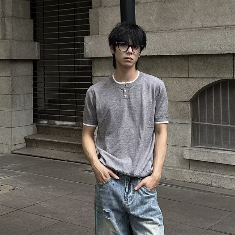 百搭潮流新款气质亨利领假两件针织短袖A981-P42，男装T恤，星座208-5