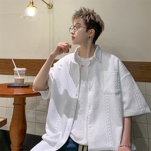 2026夏装翻领短袖衬衫大码男纹理提花衬衣菱形格 CS220/P35 白色图片