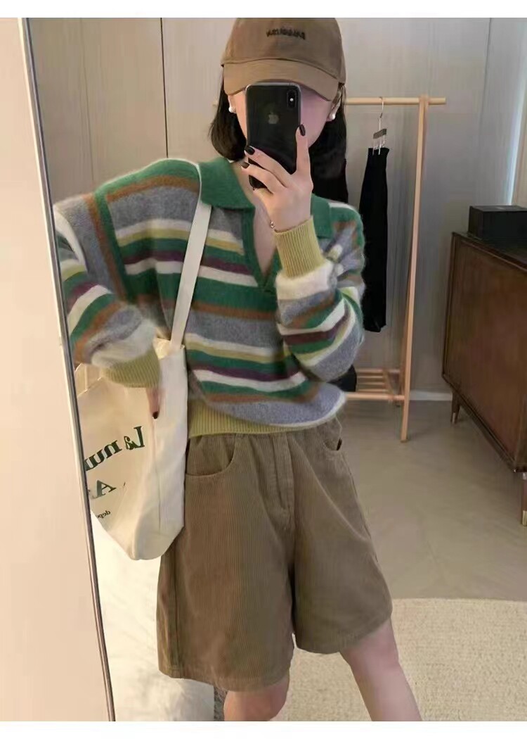 秋冬季新款舒适显瘦时尚百搭纯毛彩虹条纹针织衫图片