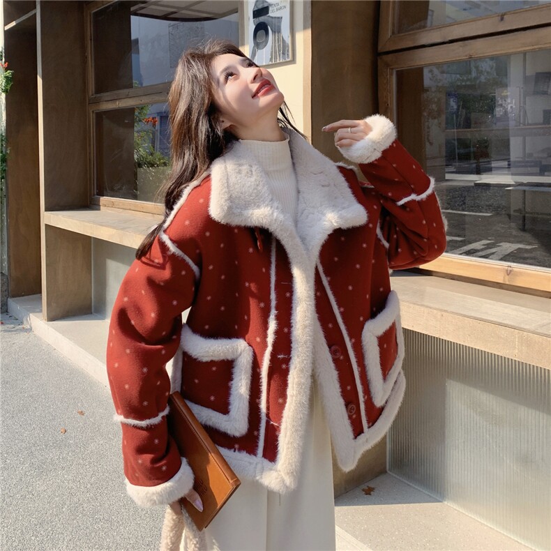 红色麂皮绒印花皮毛一体加厚棉服H8380P215K328,女装棉衣/棉服,红龙果