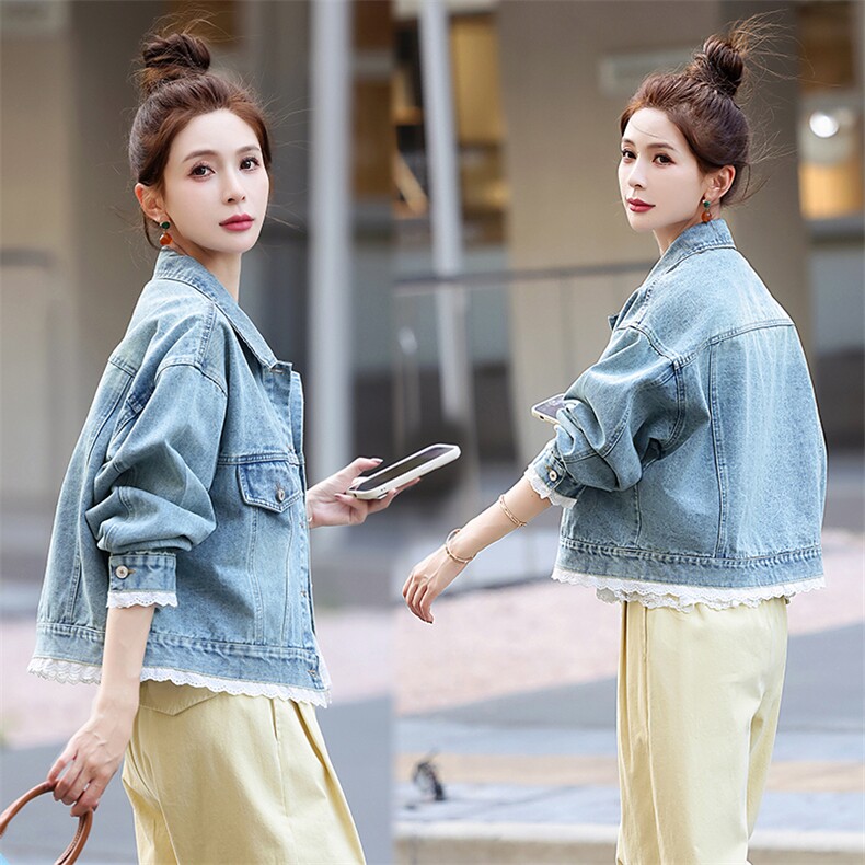 韩系蕾丝拼接下摆牛仔外套女春季2025新款宽松休闲设计感夹克上衣,女装短外套,星宇服饰